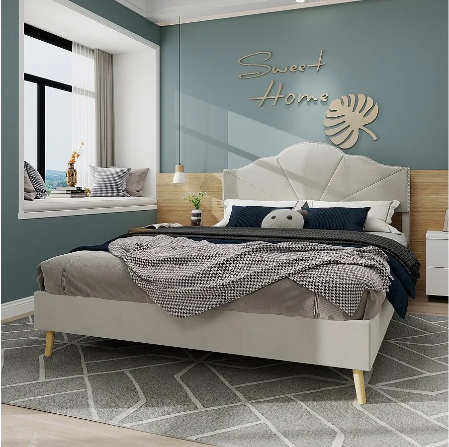 Łóżko dla dorosłych 140 x 200 cm - Łóżko dwuosobowe z miękkim zagłówkiem i drewnianymi nogami - beżowy aksamit holenderski