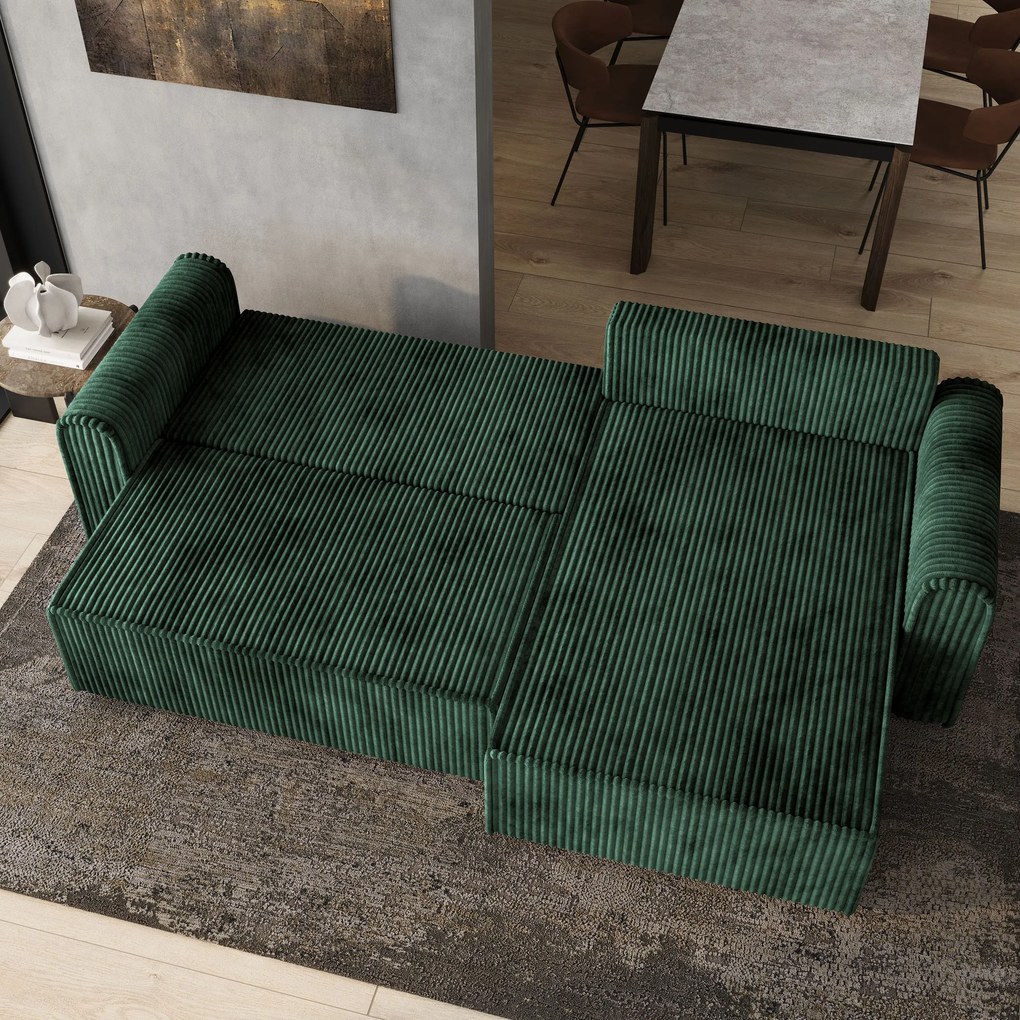 Masseno Narożnik VALTINO z funkcją spania i pojemnikiem na pościel Narozniki L, Rozkładana sofa - Butelkowa zieleń, TILIA 39