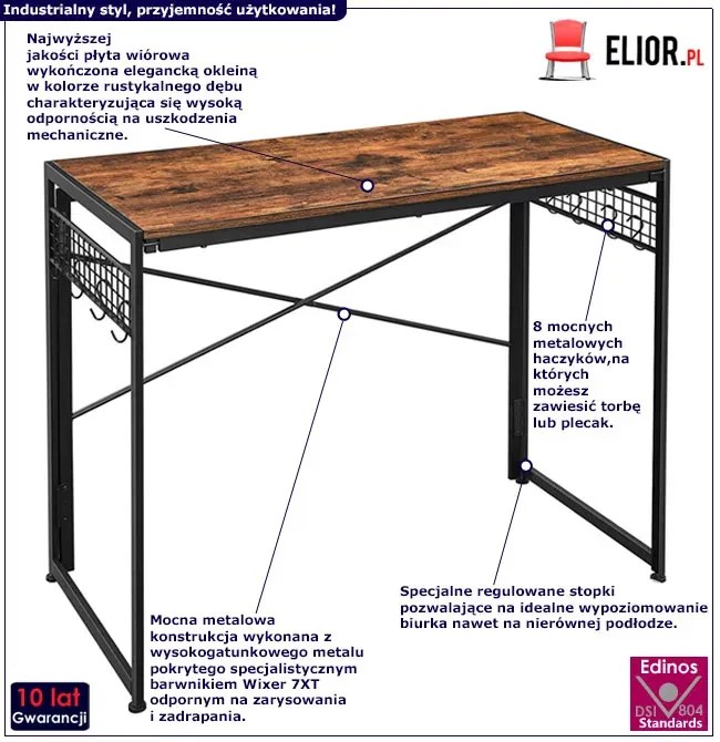 Industrialne brązowe składane biurko młodzieżowe metalowe - Velturo