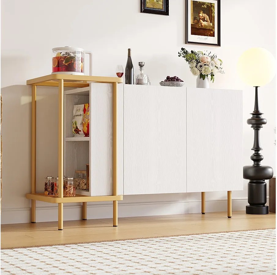 Biały bufet z 2 drzwiami i 2 otwartymi schowkami, złotymi metalowymi nogami – do salonu