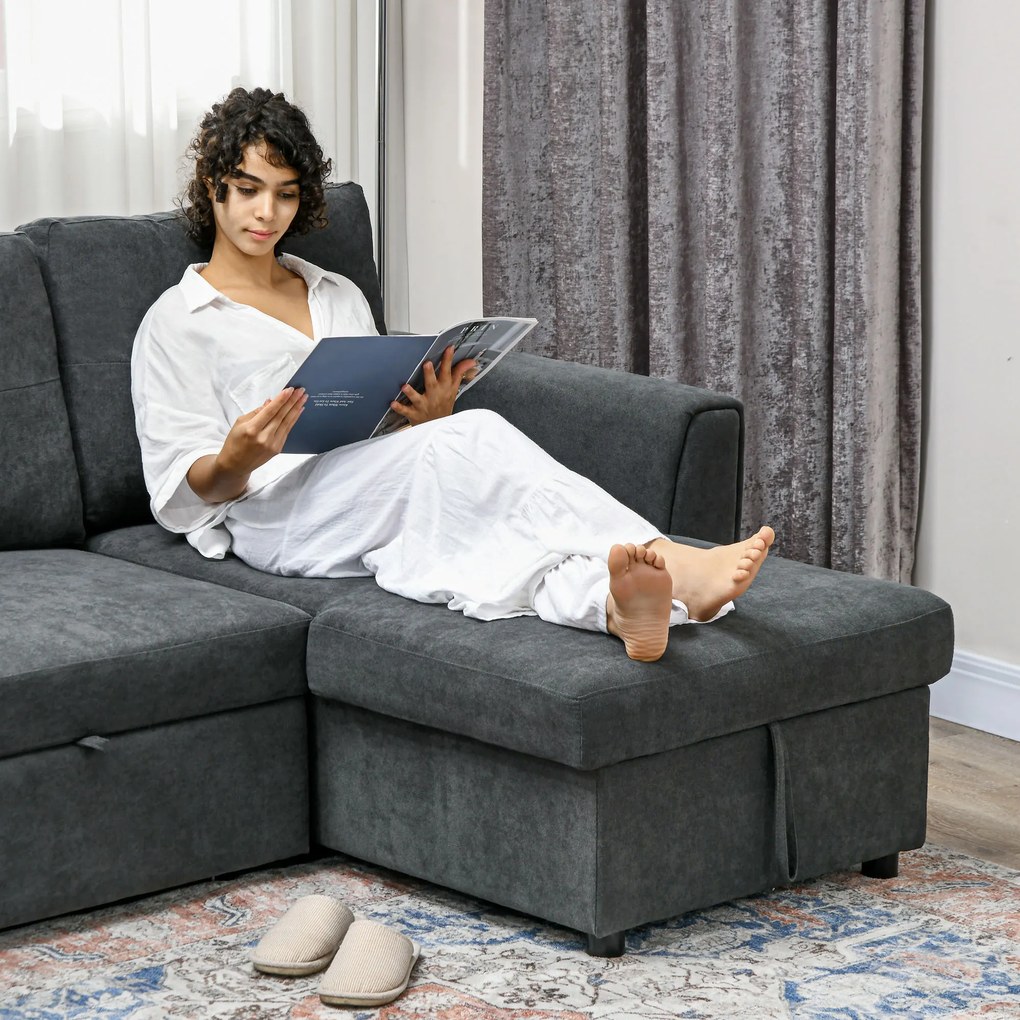 HOMCOM Sofa trzyosobowa z funkcją spania, sofa z chaiselongiem, tapicerowana sofa, ciemnoszara