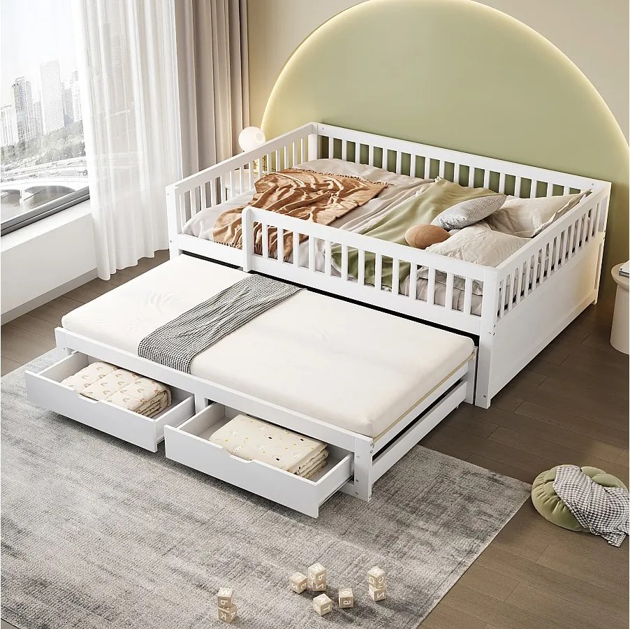Sofa dziecięca rozkładana - 140 x 200 cm + 90 x 190 cm - barierka zabezpieczająca - łóżko wysuwane z 2 szufladami - drewno - kolor biały
