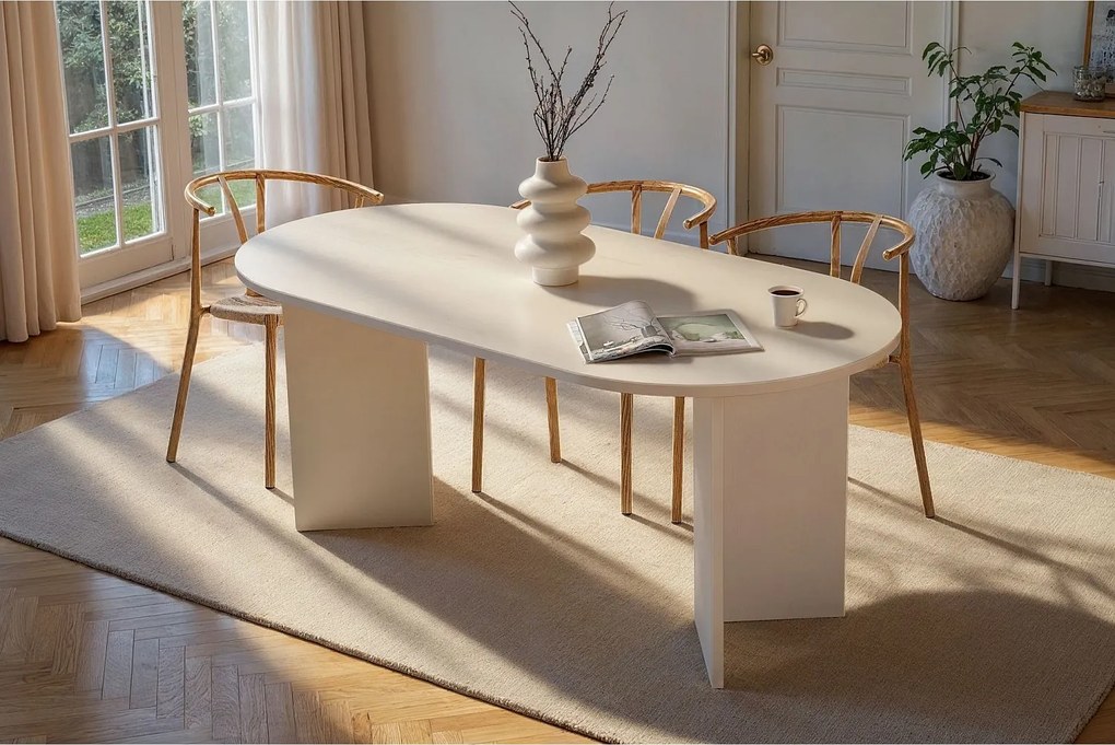 Owalny stół jadalniany "Sablin" z białego drewna 180x89x75 cm - 8 miejsc, klasyczny design i wykończenie melaminą