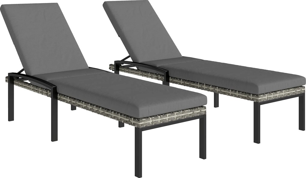Outsunny Zestaw 2 rattanowych leżaków ogrodowych z 5-stopniowym regulowanym oparciem, do 120 kg, jasnoszary | Aosom PL
