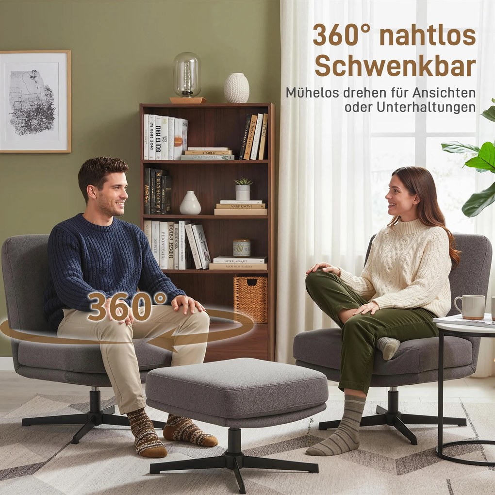 HOMCOM Fotel z podnóżkiem obrotowy, lounge w lnianej tkaninie do salonu, ciemnoszary | Aosom PL