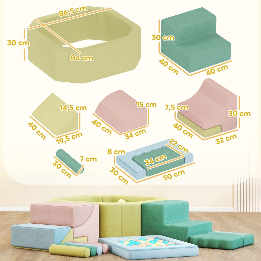 AIYAPLAY 15-częściowy zestaw miękkich klocków, 200 plastikowych piłek, basen z piłkami dla maluchów, do wnętrz, pianka, kolorowy