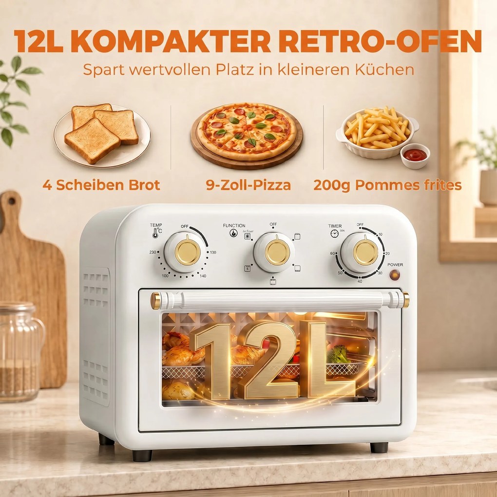 HOMCOM Frytkownica na gorące powietrze 12 l Mini piekarnik z termoobiegiem, 5 programów, blacha i kosz, 1200 W, nadaje się do zmywarki | Aosom PL