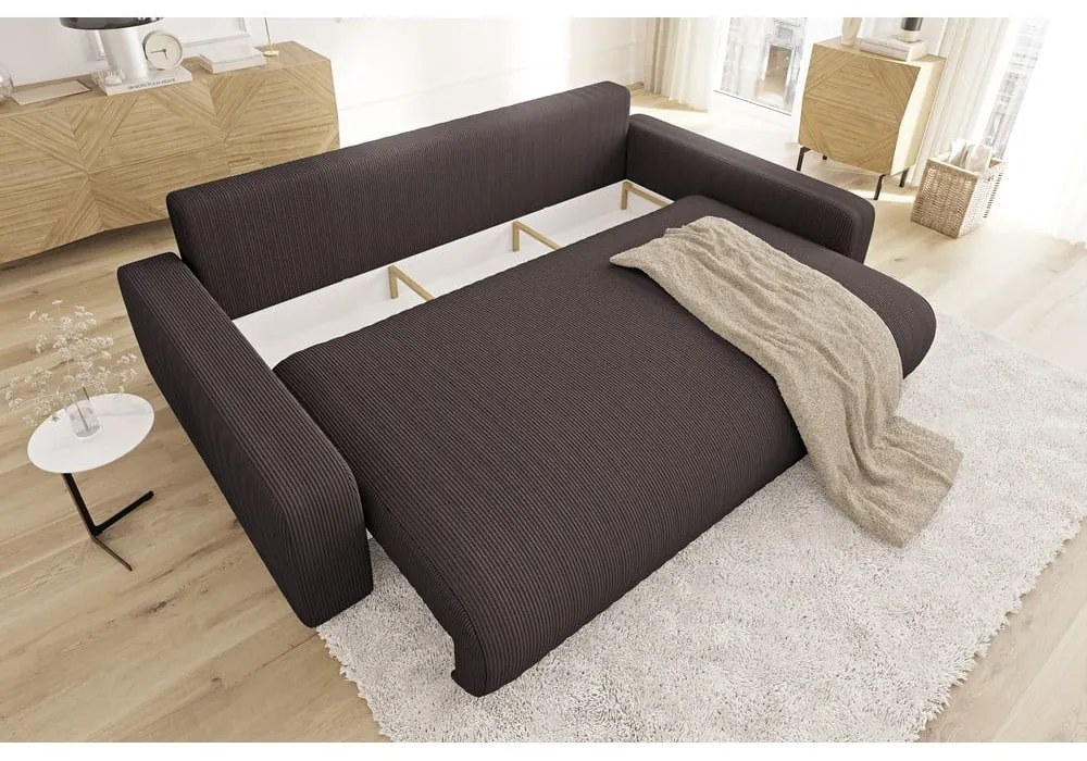 Brązowa sztruksowa rozkładana sofa ze schowkiem 234 cm Sara – Ropez