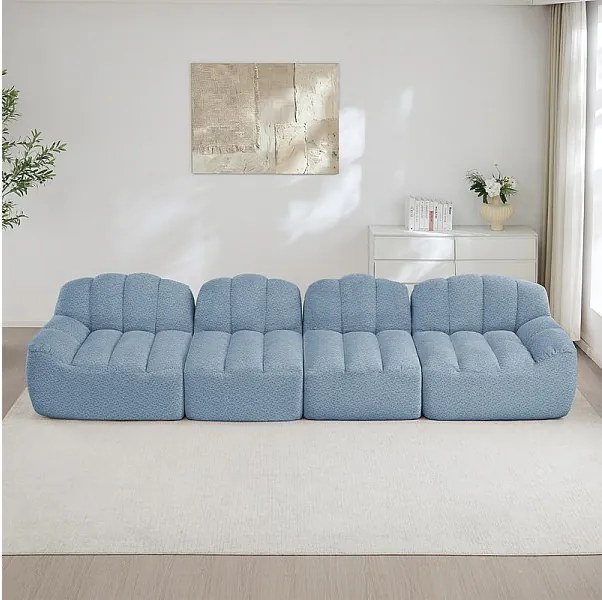 Canapé 4 places modulable en velours côtelé, ergonomique, sans assemblage, 366x104x79cm, Bleu