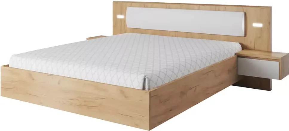 Zestaw sypialniany Gino – łóżko 160x200, komoda i szafa w kolorze biały / dąb craft złoty