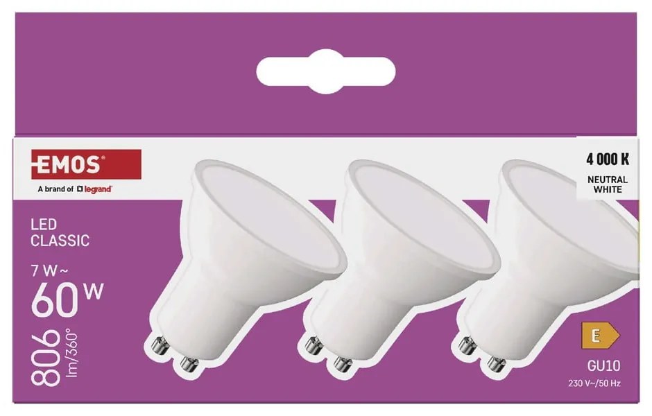 Żarówki LED z neutralnym światłem z gwintem GU10 zestaw 3 szt., 7 W – EMOS