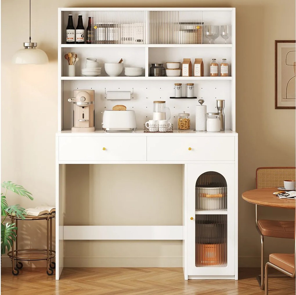 Nowoczesna komoda kuchenna - 120 x 45 x 180 cm - z 2 szufladami + półką regulowaną + drzwiami - MDF - biała