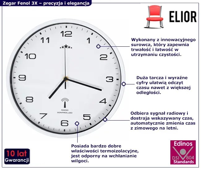 Biały okrągły zegar wiszący 31 cm - Fenol 3X