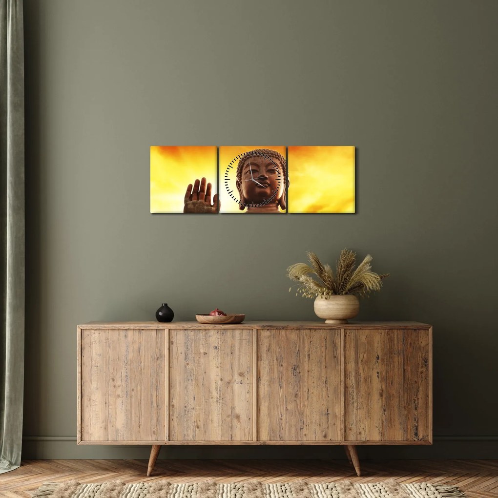 Obraz - Budda z czerwonym i żółtym tłem (z zegarem) (90x30 cm)