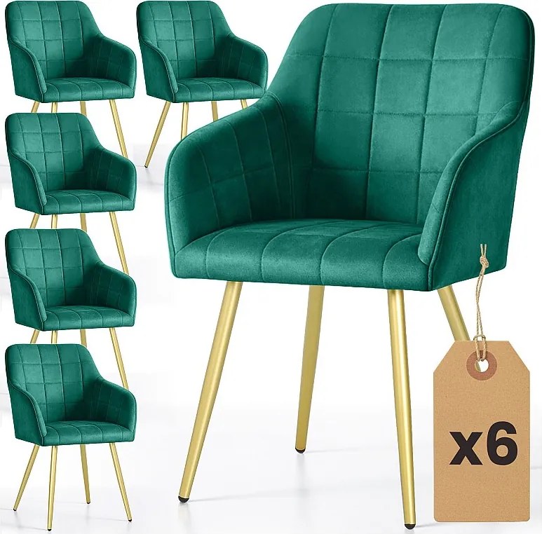 6x Krzesło tapicerowane z przeszyciami kwadratowymi Butelkowa Zieleń LUXANO Złote nogi