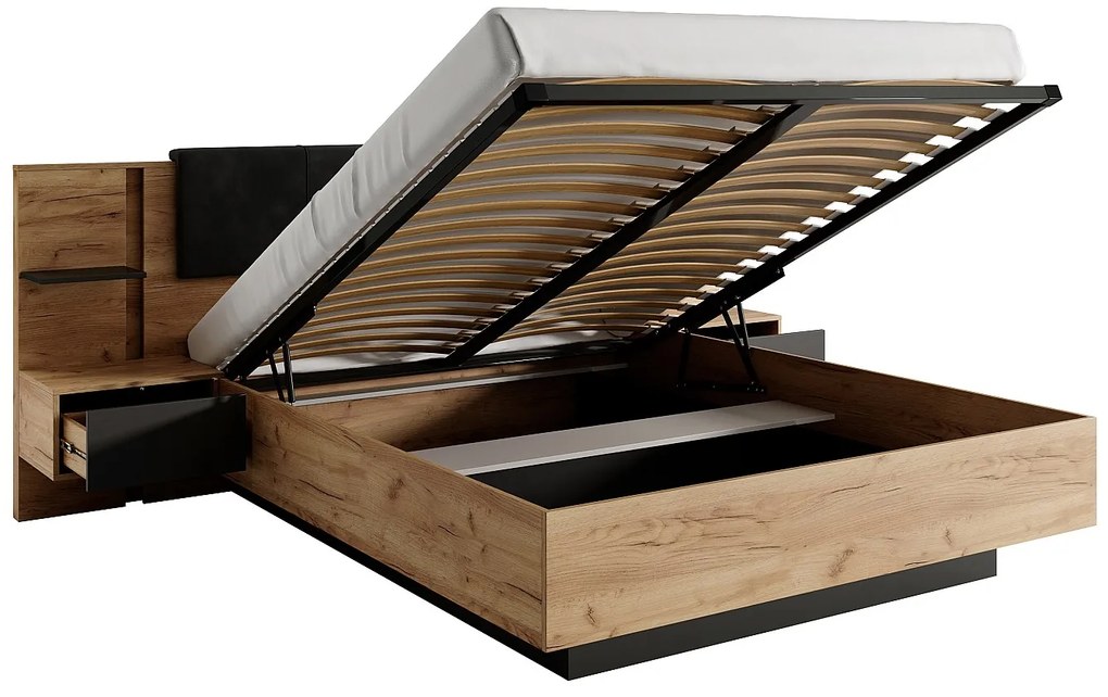 Łóżko ze skrzynią i szafkami nocnymi 140 x 190 cm - Z oświetleniem LED - Naturalny i antracytowy - ELYNIA