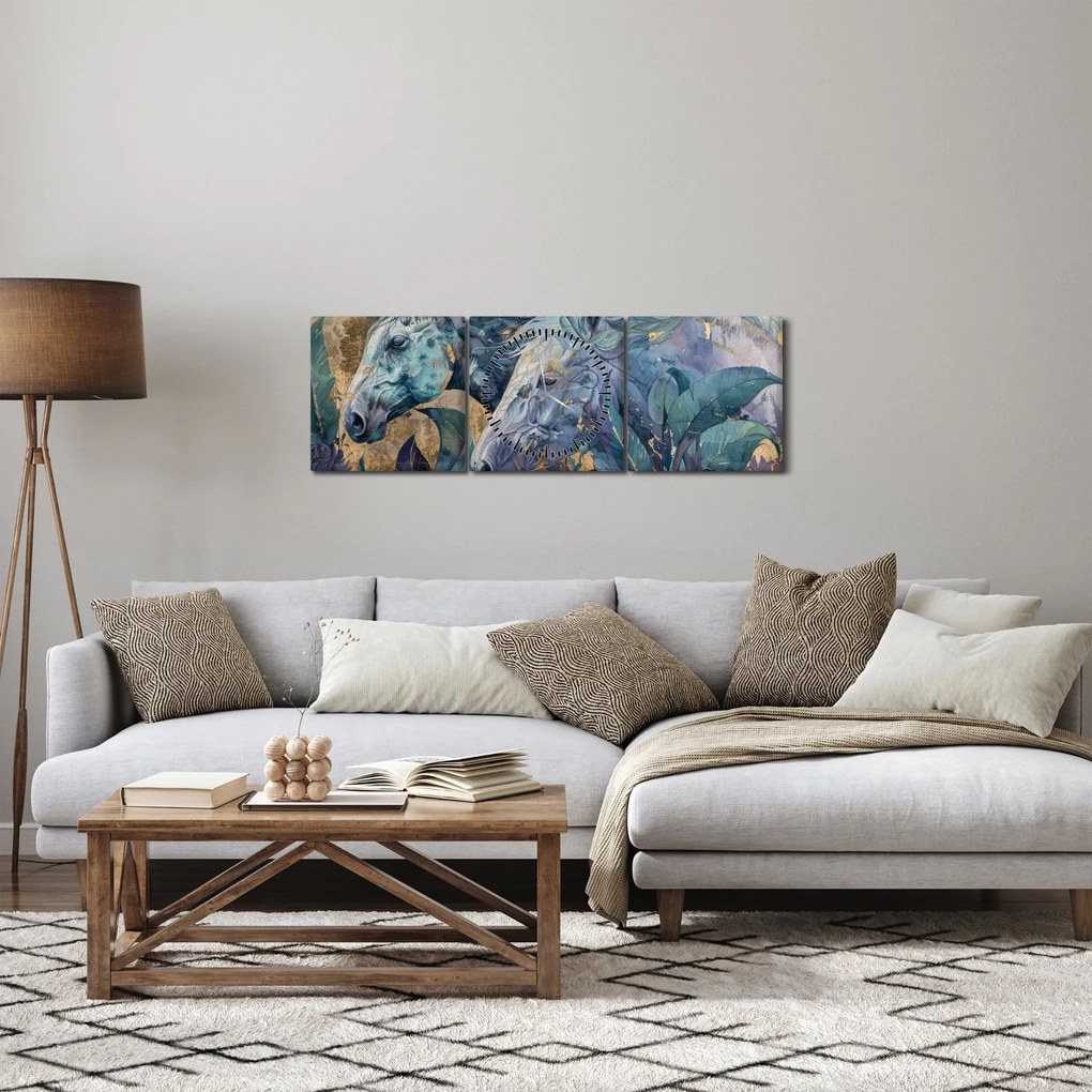 Obraz - Konie na złotym tle (z zegarem) (90x30 cm)