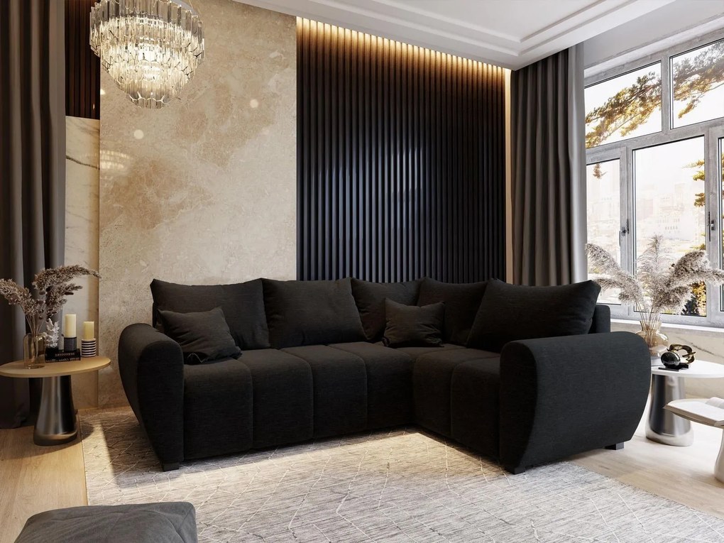 Masseno Narożnik MADISON z funkcją spania i pojemnikiem na pościel Narozniki L, Rozkładana sofa - Czarny, SAWANA 14