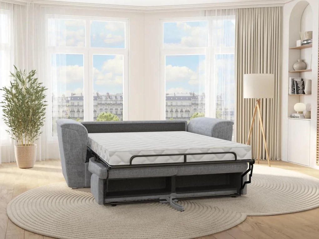 Kanapa 3-osobowa rozkładana typu express z szarą tapicerką - Miejsce do spania 140 cm - Materac 22 cm - RIZORA