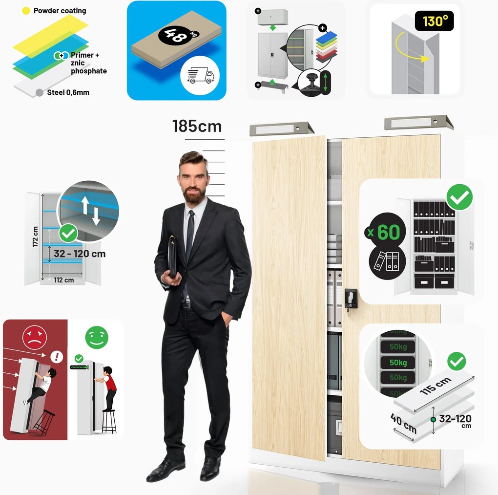 Szafa biurowa metalowa na dokumenty JAN II, Eco Design: biała/dąb sonoma