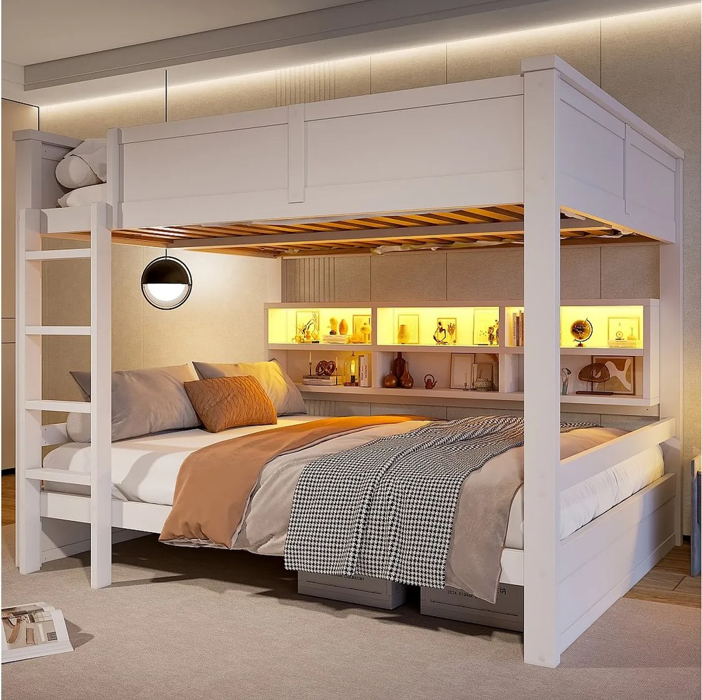 Podświetlana, nakładana, dla dzieci - 2 x 160 x 200 cm - z kuchenkami i oświetleniem LED - MDF - biały