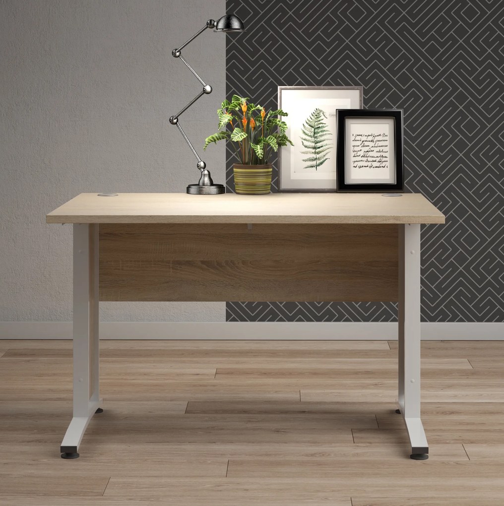 Biurko proste Prima dąb sonoma 120 białe nogi