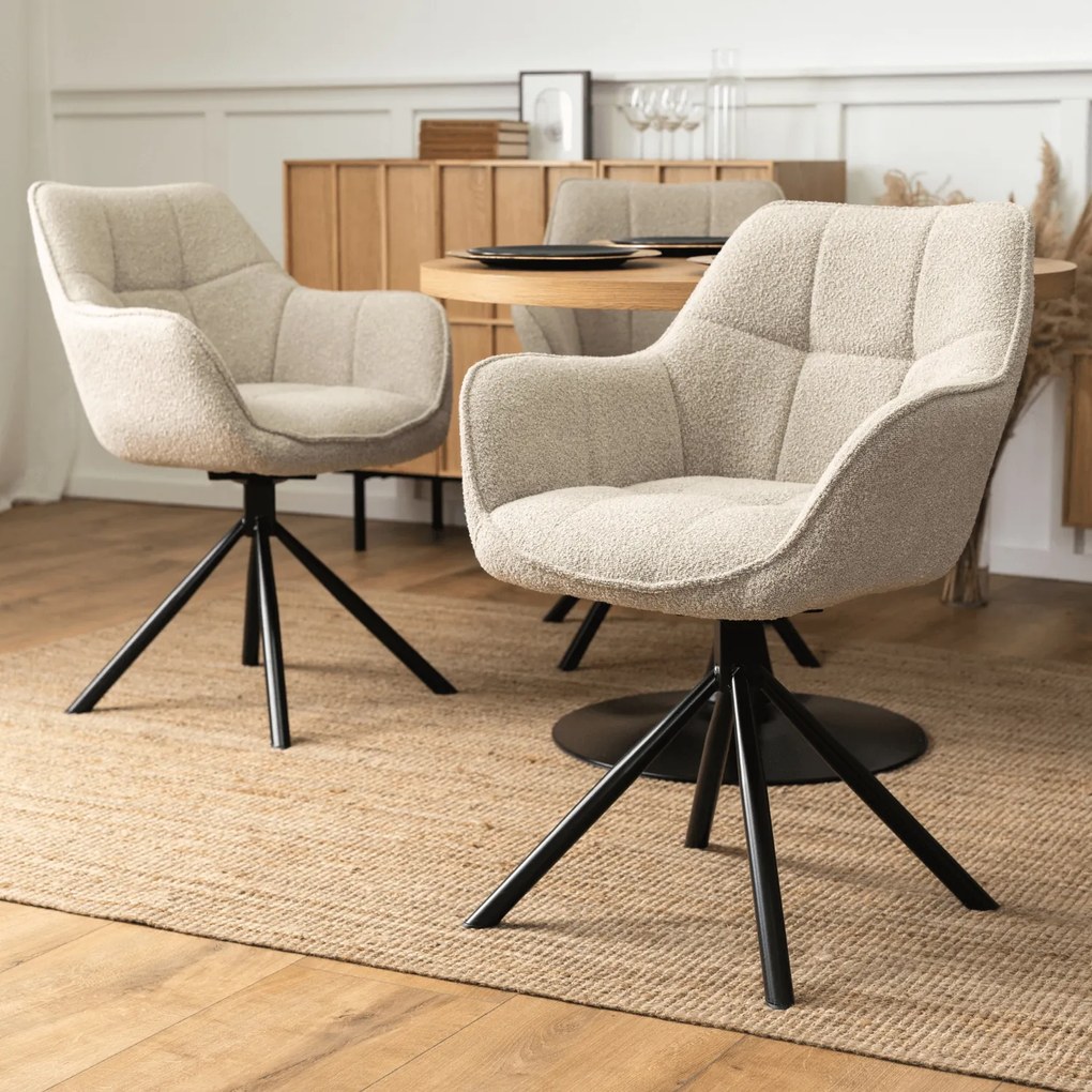 Zestaw Stół Okrągły LINO 100 cm Dąb Złoty/Czarny i 4 Krzesła Tapicerowane Obrotowe PEONY Beżowe Nowoczesne