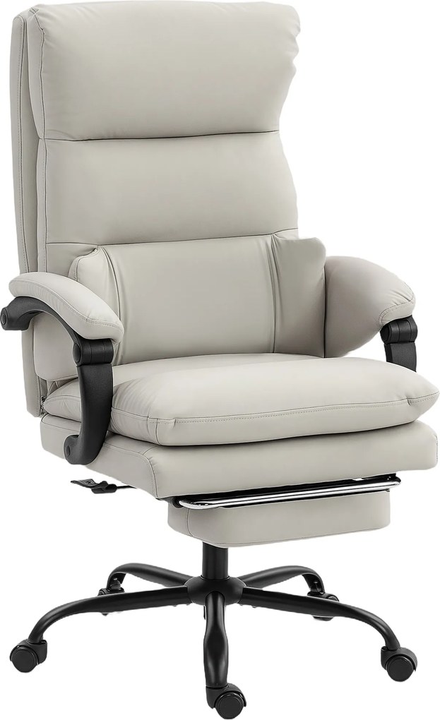 HOMCOM Fotel biurowy regulowany wysokościowo krzesło do biurka z podparciem lędźwiowym, podłokietnikami, podpórką na stopy, z ekoskóry, jasnoszary