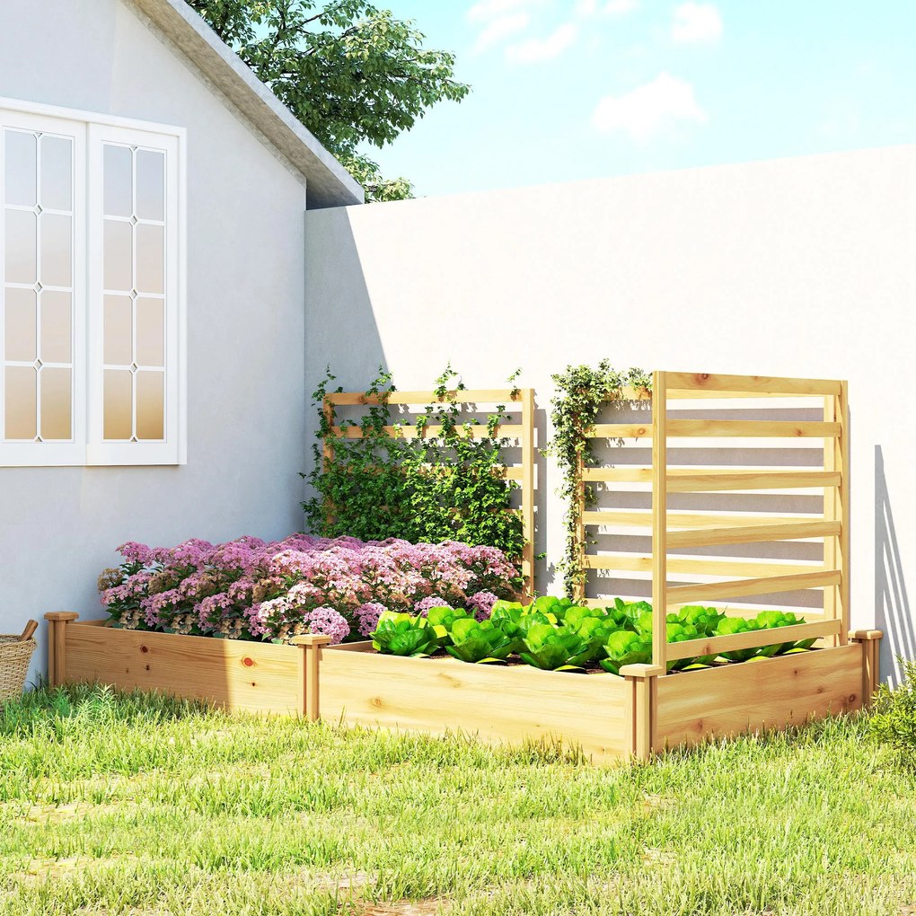Outsunny Podwyższone grządki z kratką drewniana skrzynia na rośliny z 3 kratkami przegrodą i otwartym dnem 240 x 125 x 102 cm drewno naturalne | Aosom PL
