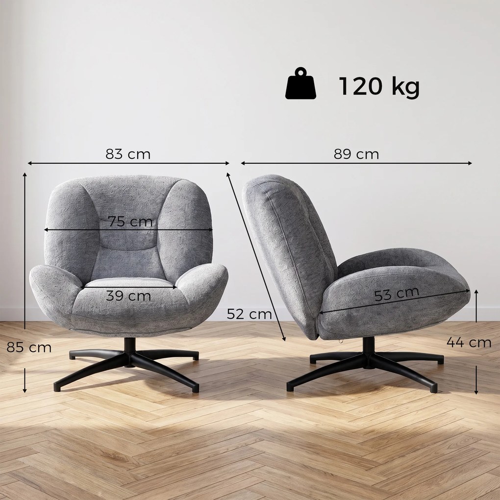 HOMCOM Fotel do salonu obrotowy, fotel lounge z szerokim siedziskiem, wbudowane podłokietniki, efekt chenille, ciemnoszary | Aosom PL