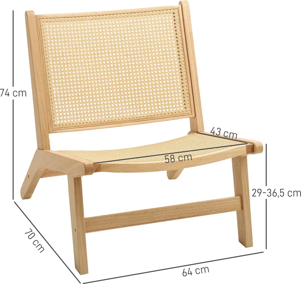 HOMCOM Rattanowy fotel do czytania, Szerokie siedzisko, Drewniana rama, 64 x 70 x 74 cm, Drewno naturalne