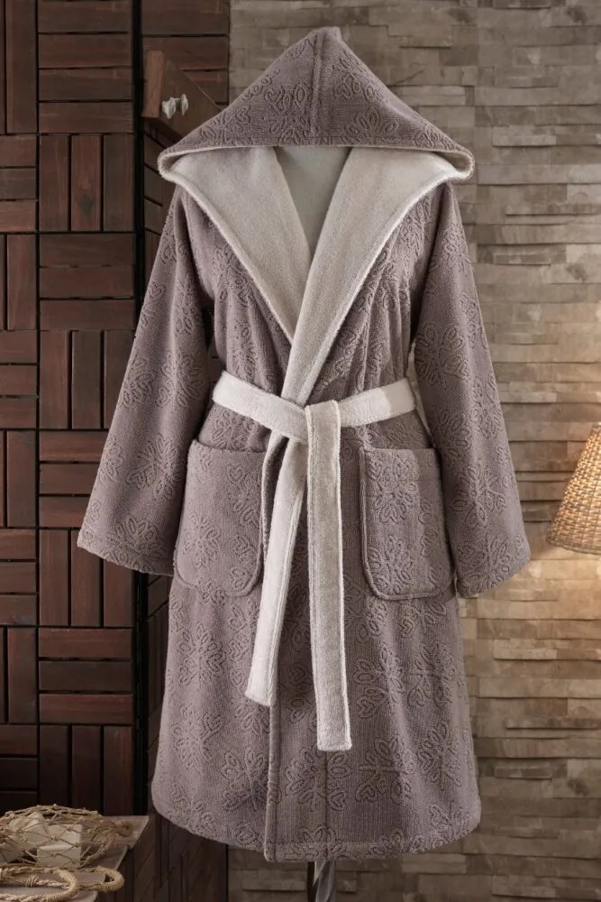 Damski krótki szlafrok LEAF s kapturem M Brązowy