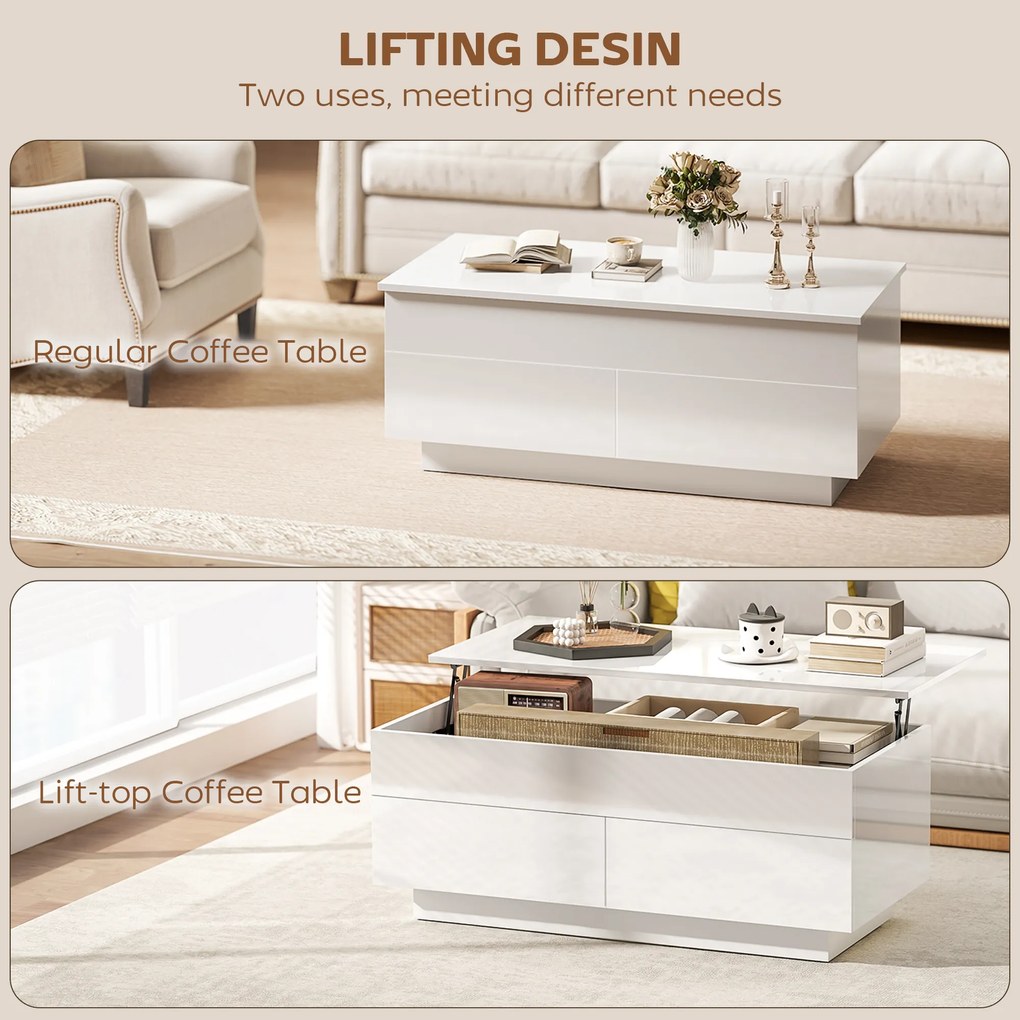 HOMCOM Stolik kawowy regulowany, nowoczesny stolik do salonu z ukrytym schowkiem i 2 szufladami, biały wysoki połysk | Aosom PL