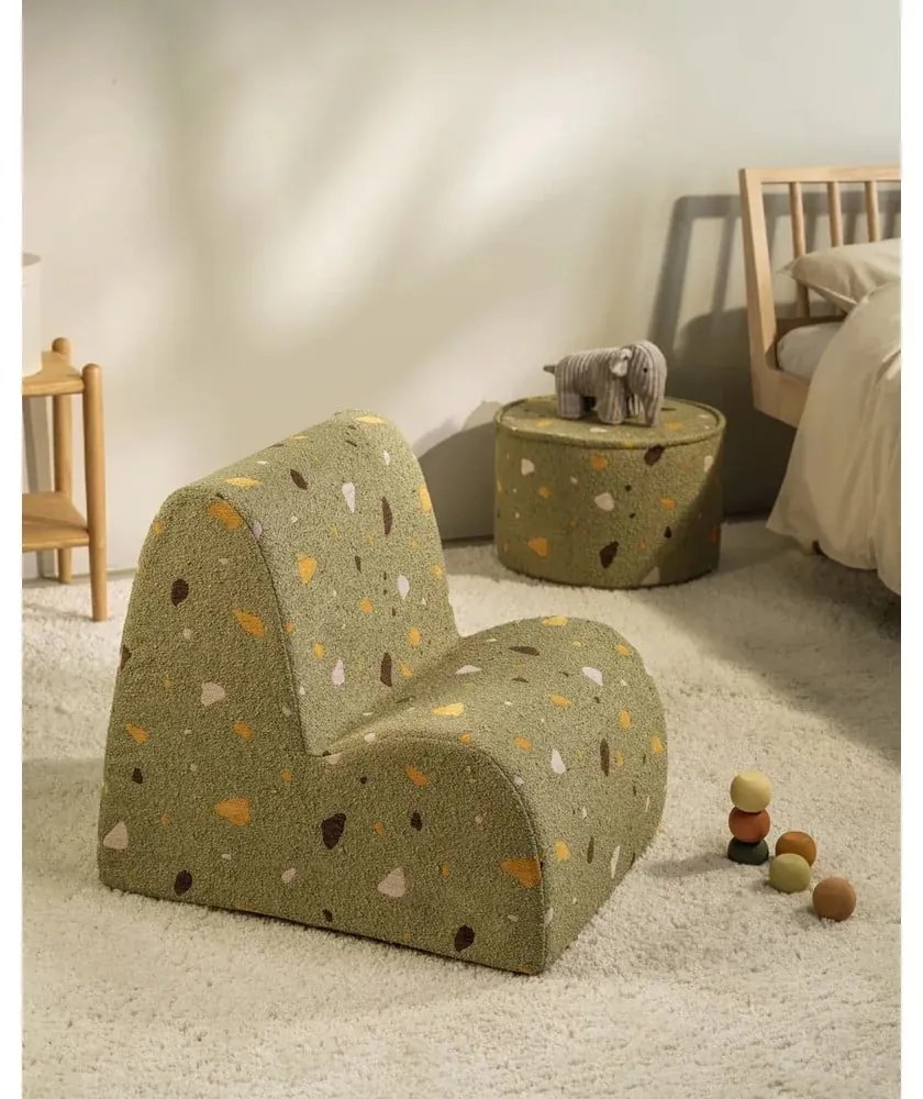Zielony fotel dziecięcy z materiału bouclé/z tkaniny szenilowej Terrazzo Cloud – Wigiwama