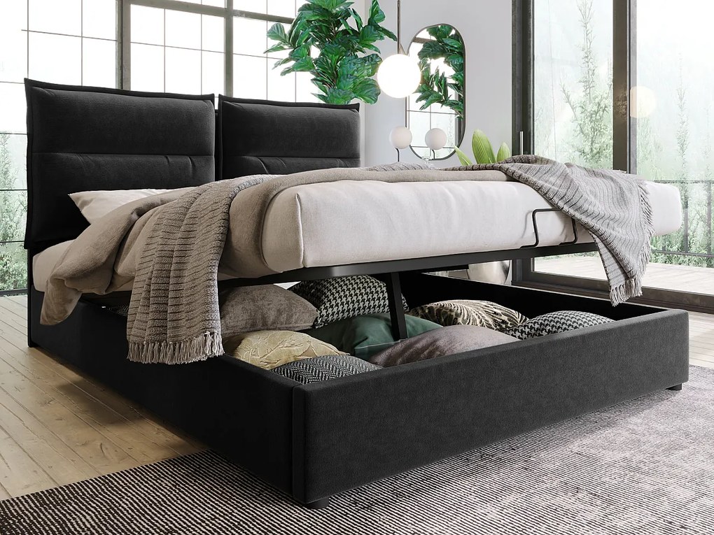 Łóżko ze schowkiem i zagłówkiem - 140 x 200 cm - tkanina aksamitna - stelaż z listew - czarne