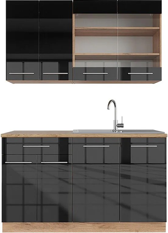 Pojedyncza kuchnia antracytowy wysoki połysk/złoty dąb power 140x60x81.6 fame-line