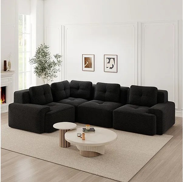 Canapé d'angle gauche modulable en velours côtelé - 4 places - avec 5 coussins - 382x177x69cm - Noir