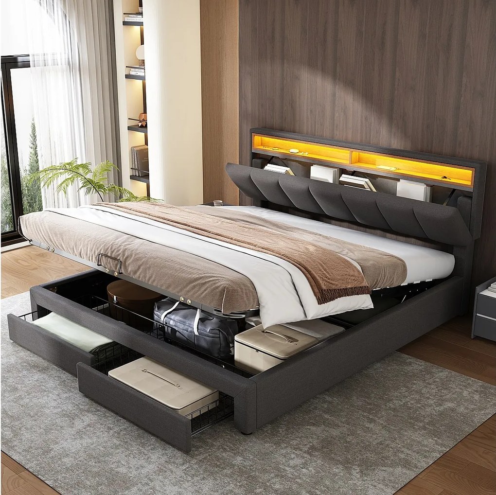 Łóżko tapicerowane ze schowkiem - 180 x 200 cm - z oświetleniem LED + szuflady + chowany zagłówek - len - szary