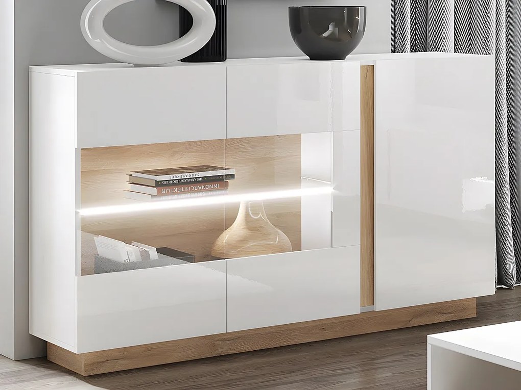 Zestaw komoda i szafka RTV biały z połyskiem i naturalny - Rozświetlony zestaw MURARI