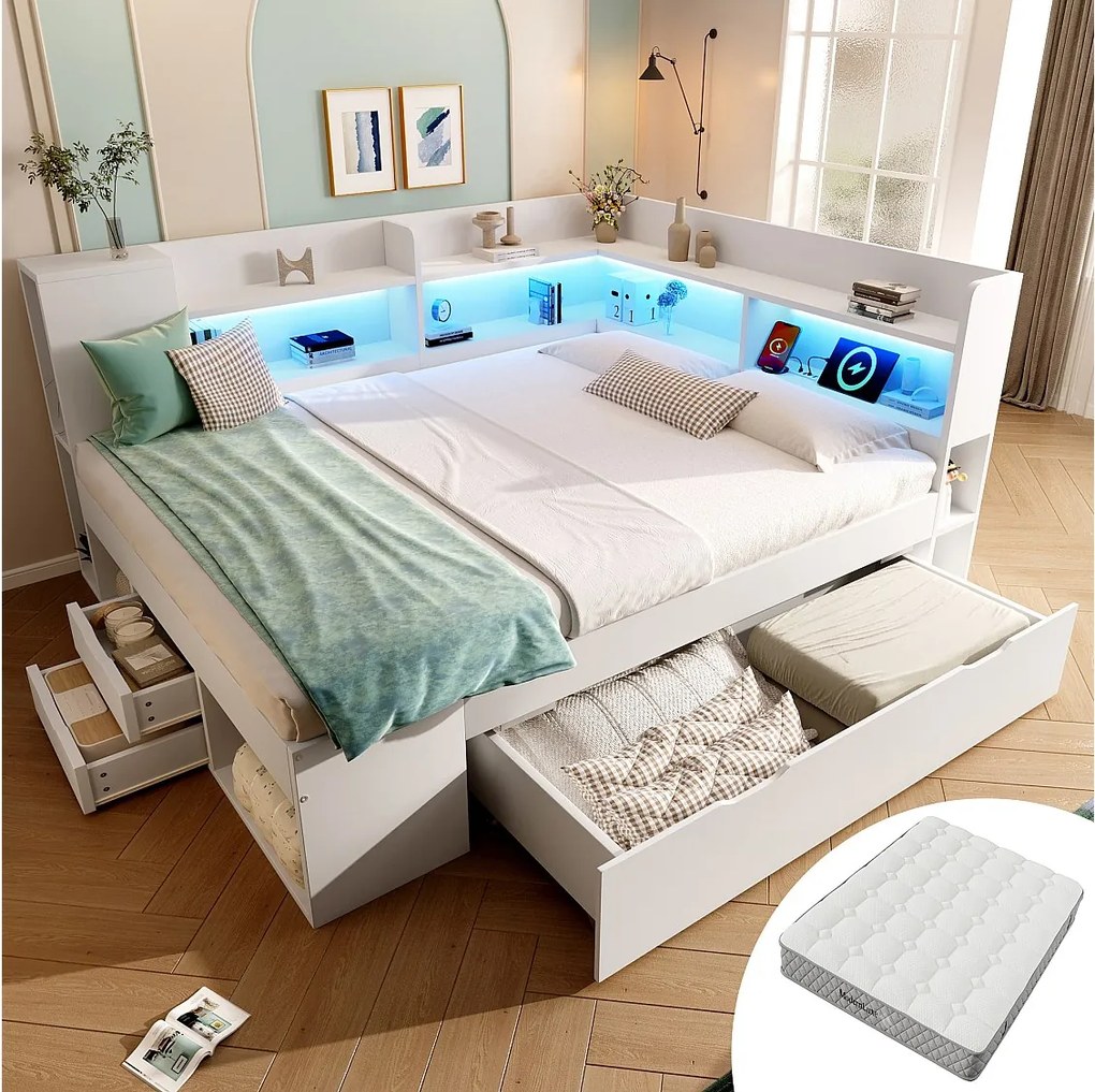 Łóżko dziecięce z pojemnikiem - 140 x 200 cm - z diodami LED + USB + półki + szuflady - drewno - białe (materac w zestawie)