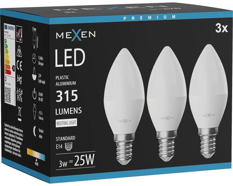 Mexen Nova 3x żarówka LED E14, C37, 3W, Neutralna - 4000K, 315 lm - L102-E14-0340-01x03