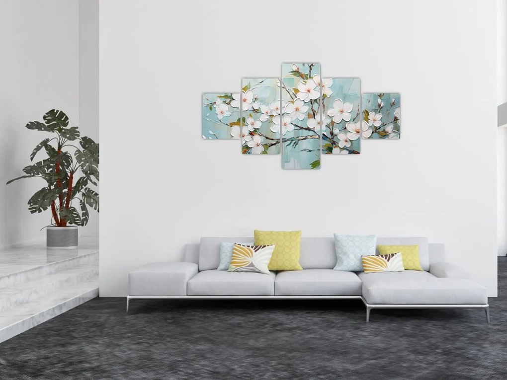 Obraz - Malowanie, kwitnące gałęzie drzew (125x70 cm)