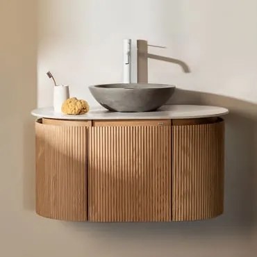 Zestaw Wiszących Mebli Łazienkowych Z Drewna Carsone Naturalna & Bez Jednostki Pomocniczej & Okrągły Szary Cement Ø40 - Sklum