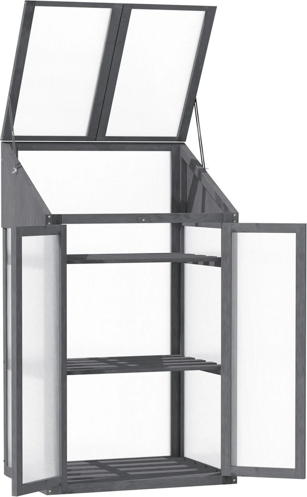 Outsunny Mini Szklarnia z Drewna, Mała Szklarnia z Oknami i Podwójnymi Drzwiami, 3 Półki, 70Dł x 50Szer x 120Wys cm, Szara