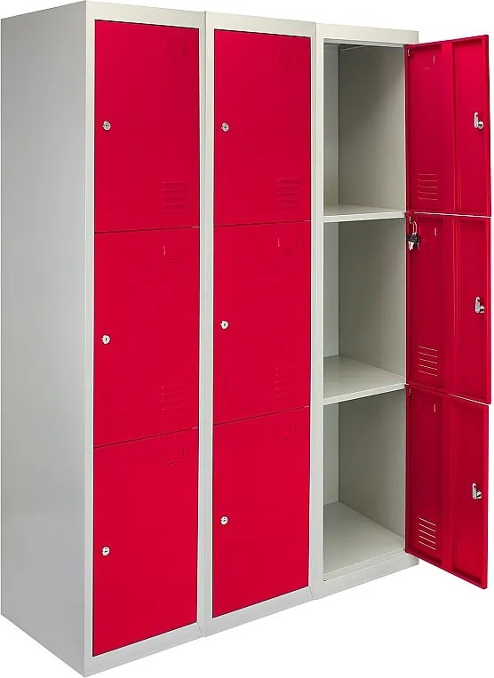 3 x metalowe szafki do przechowywania – trzy drzwi, czerwone – w płaskim opakowaniu