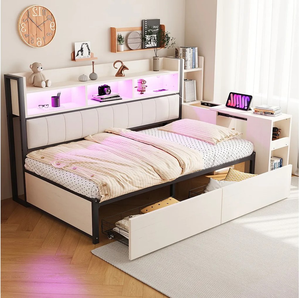 Łóżko dzienne 90x200 cm - Łóżko dziecięce z 2 szufladami i schowkiem, oświetleniem LED i gniazdkami elektrycznymi - kolor biały - materac nie jest wliczony w cenę.
