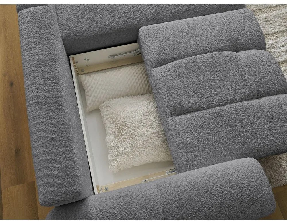 Szary rozkładany narożnik z materiału bouclé ze schowkiem (prawostronny/z szezlongiem) Roxelane – Bobochic Paris