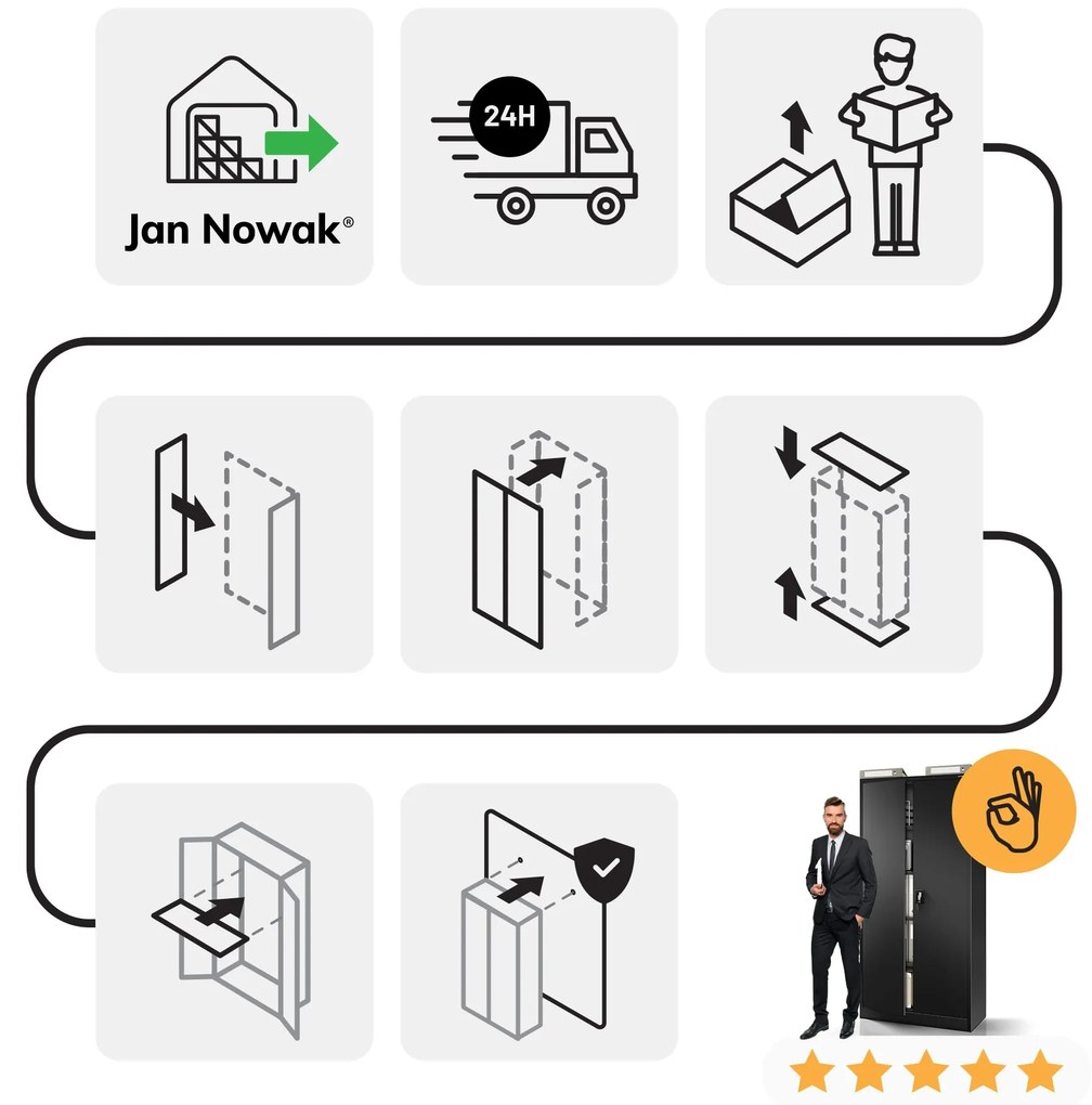 Szafa na dokumenty biurowa metalowa czarna: JAN H, 900 x 1950 x 400 mm