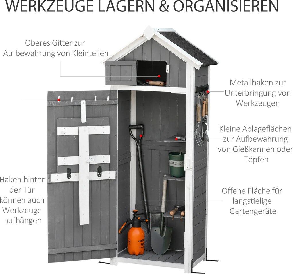 Outsunny Domek narzędziowy z drzwiami dachem szopa na narzędzia składany stół kolor szary drewno jodłowe