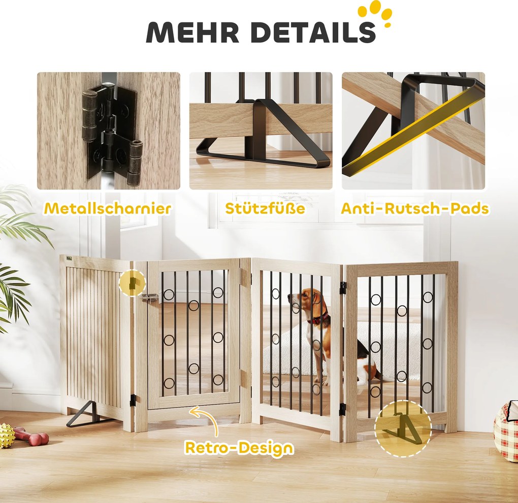 PawHut Wolnostojąca bramka dla zwierząt, bramka dla psa z drzwiami, 4 panele, do korytarza, schodów, ościeżnicy drzwiowej, MDF, stal | Aosom PL